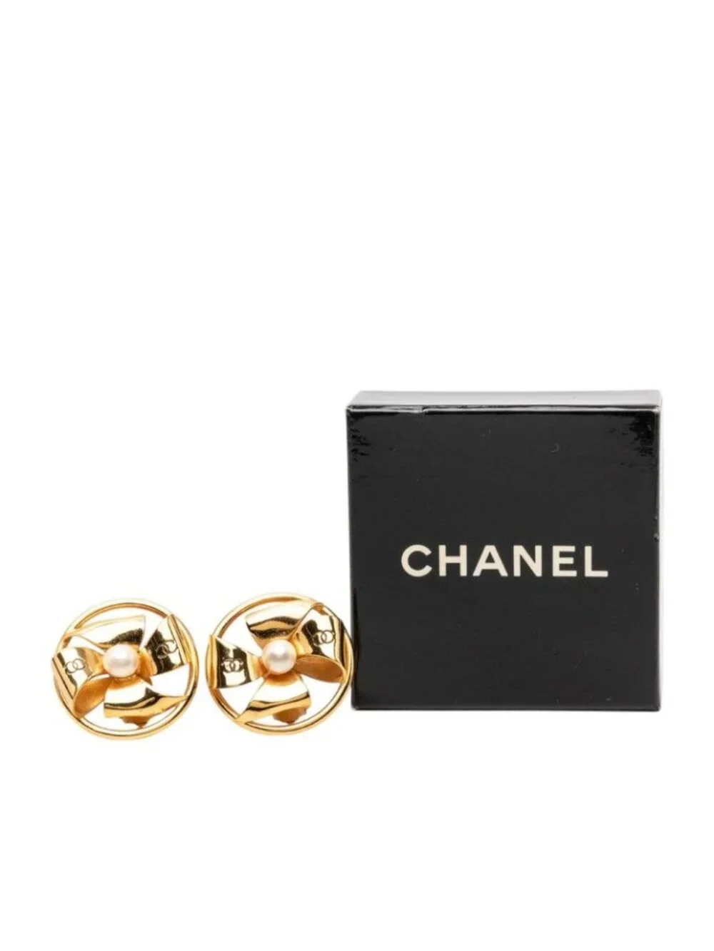 Chanel CC Logo Ribbon Round Earrings Gold Plated Faux Pearl